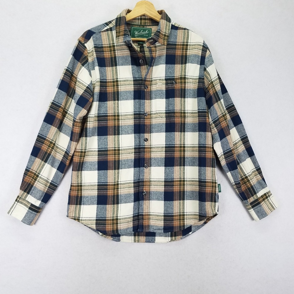 Woolrich Men M Tartan Plaid Button Down Shirt Cotton Long Sleeve Navy Cream Gold
